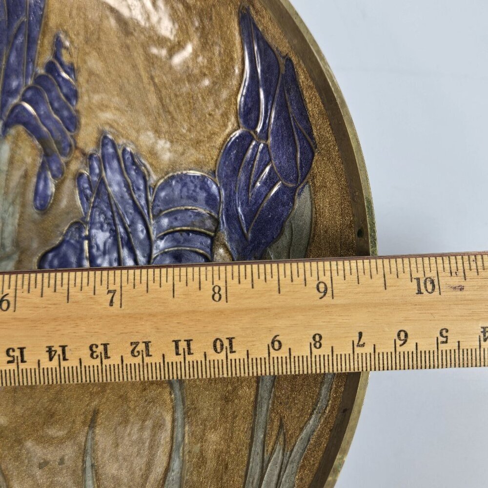 Vintage Enameled Brass Shallow Dish Bowl Iris Flowers - Picture 10 of 11